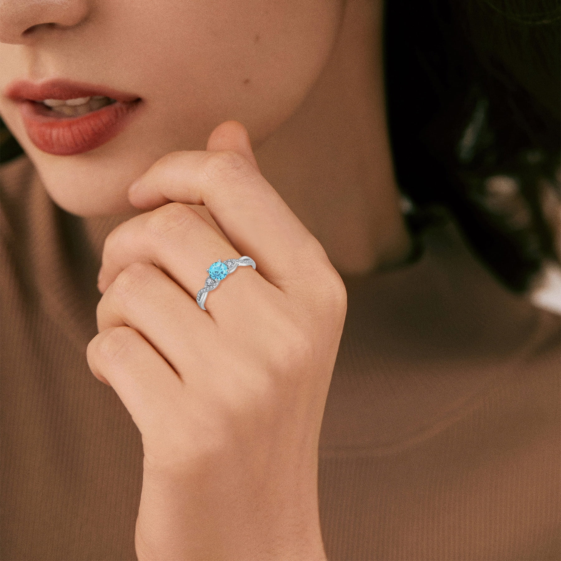 FJ Promise Rings for Her 925 Sterling Silver Engagement Ring Anniversary Wedding Eternity Ring Aquamarine March Birthstone Jewelry for Women Size 8
