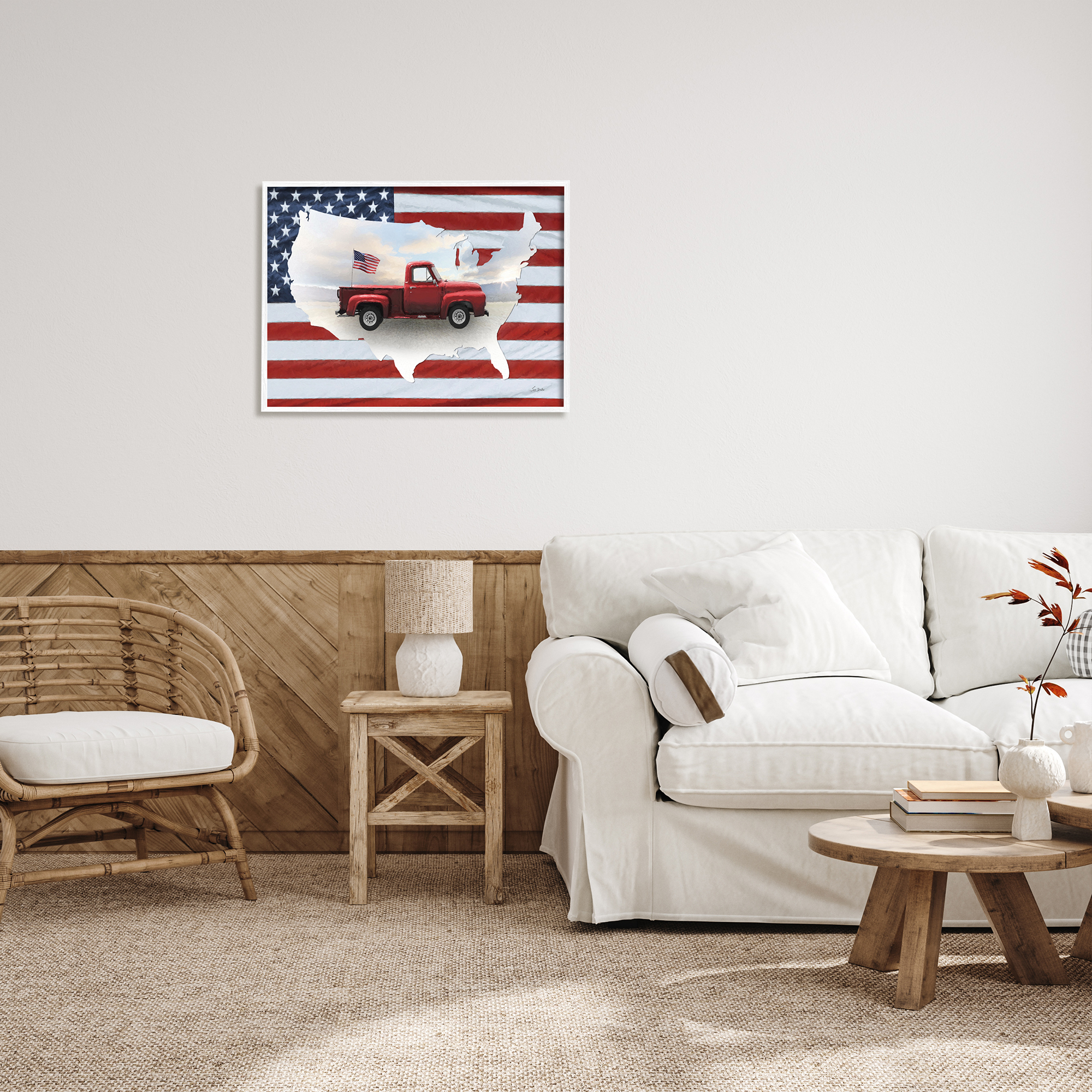 Stupell Industries Farmhouse American Flag Transportation Painting White Framed Art Print Wall Art, 30 x 24
