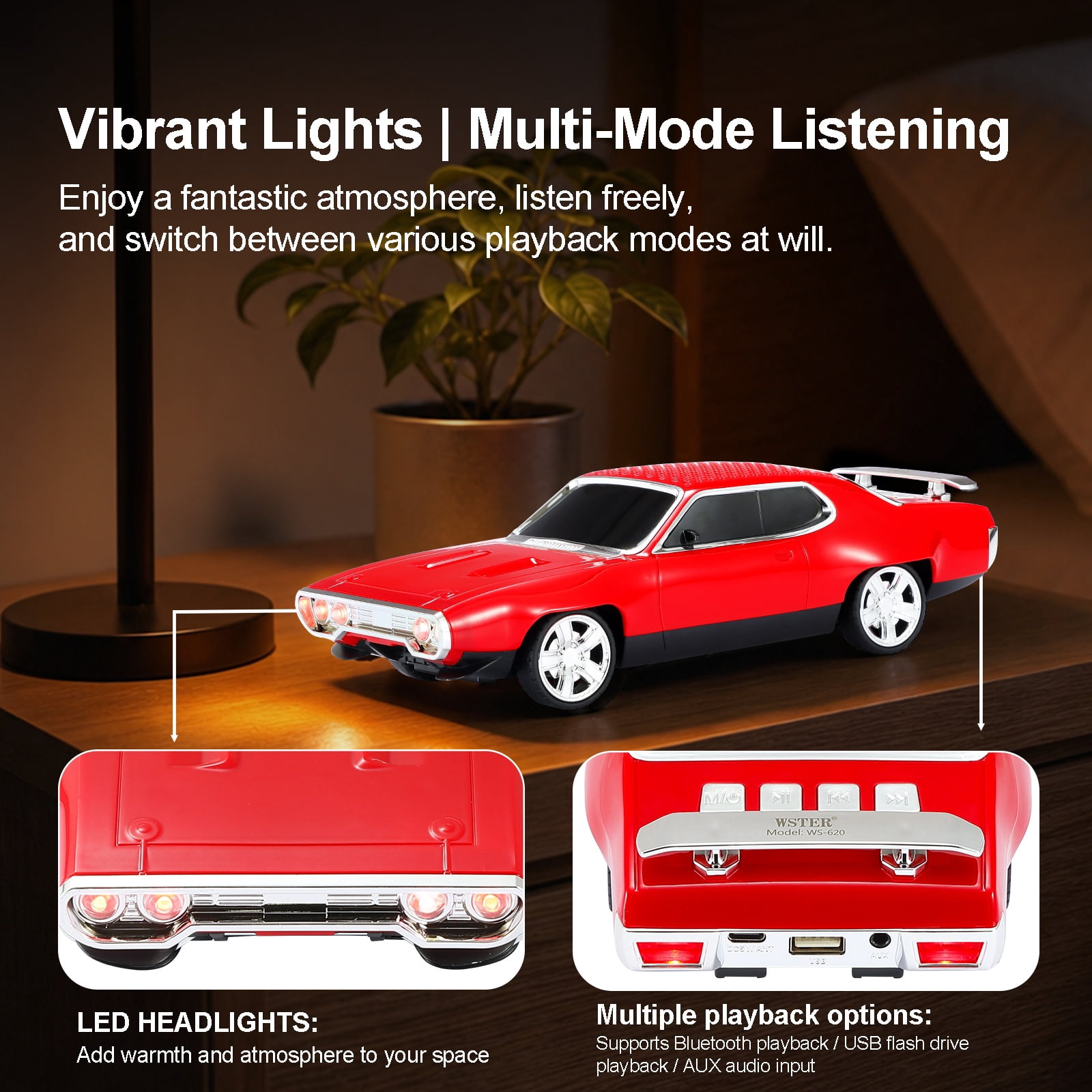 WSTER WS-620 Retro Muscle Car Portable Bluetooth Speaker, 2*5W Heavy Bass Wireless Speaker, Bluetooth 5.4, TWS Pairing, FM Radio, TF/USB, Hands-Free Call,The perfect gift for family and friends