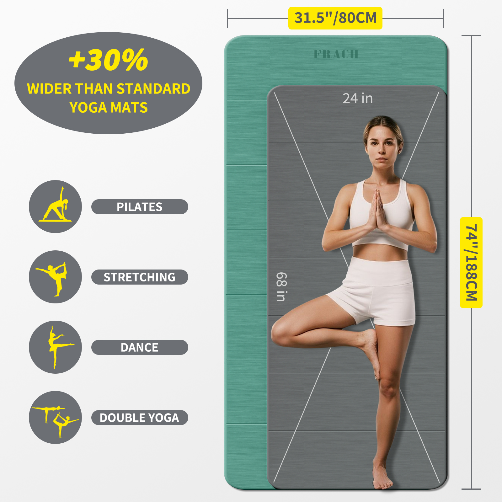 Frach Wide Foldable Yoga Mat - Extra Large 75"x32" Quick-Fold & Versatile Use Non-Slip TPE for Workout & Home Gym (Green+Black)