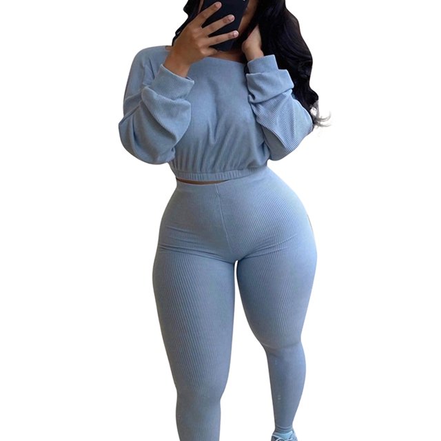 LUXUR Ladies Elastic Waist Sweatsuits Cropped Running Two Piece Outfit Blue Gray XL