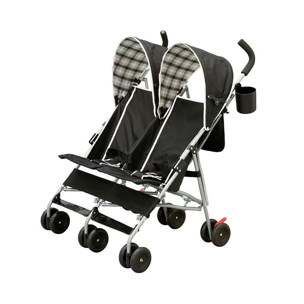 Double Umbrella Stroller Infant Travel Side by Side Folding Black Plaid