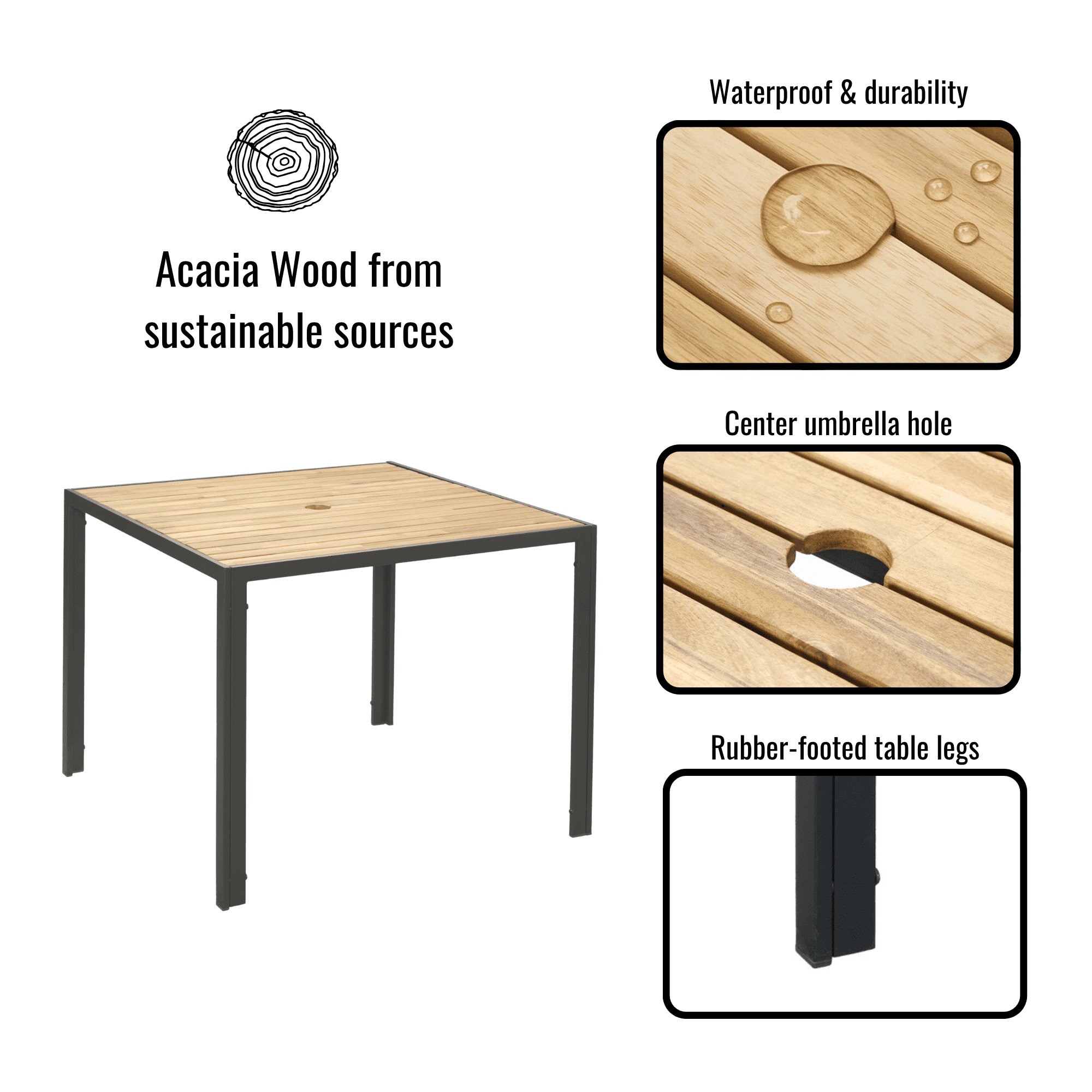 5-Piece Patio Dining Table Sets,All Weather Patio Furniture Sets Acacia Wood Table Top with Umbrella Hole,Yellow