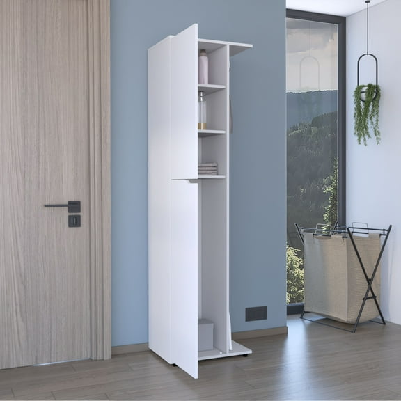 LiviNest Tall Storage Cabinet: Slim Wardrobe Closet with 4 Shelves & Broom Holder - Modern White Organizer for Small Spaces & Studio Apartments