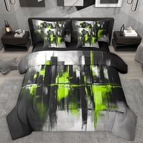Manfei Black Green Watercolor Bedding Comforter Set 7pcs for Adult, Modern Neutral Artwork King Bedding Sets, Chic Stripes Ombre Reversible Bed Sheets, Super Cozy Room Decor