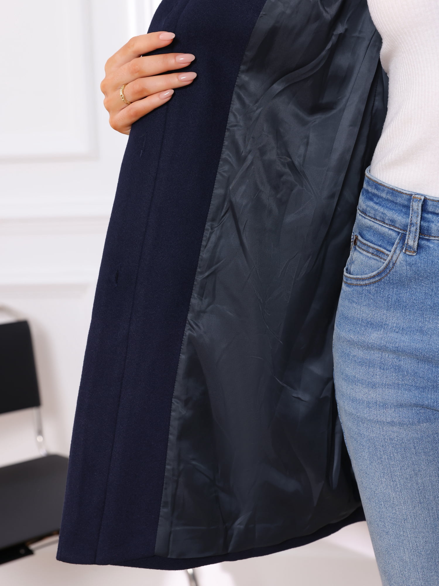 DARING DIVA Women's Stylish Peacoat Wrap Collar 2024 Winter Trench Long Coat L Dark Blue