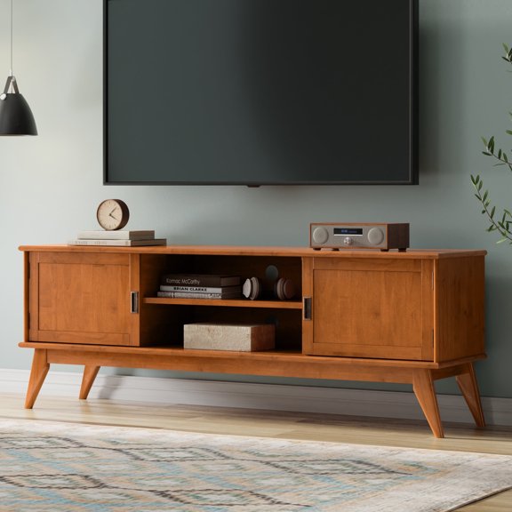 Simpli Home Draper 72 inch Wide Solid Wood Mid Century TV Stand in Teak Brown For TVs up to 80 inches