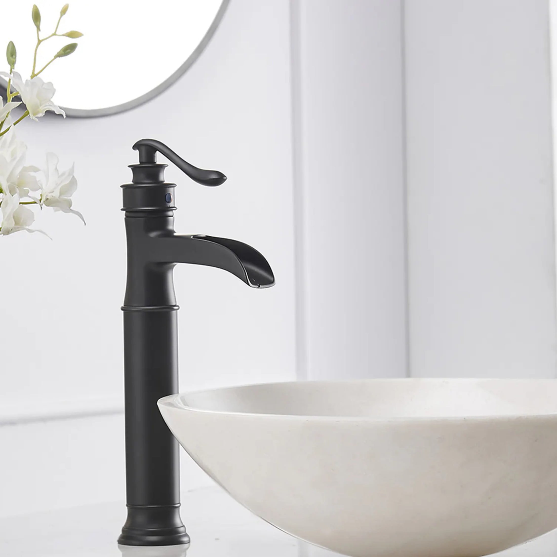 BWE Matte Black Waterfall Commercial Single Handle One Hole Bathroom Vessel Sink Faucet Deck Mount
