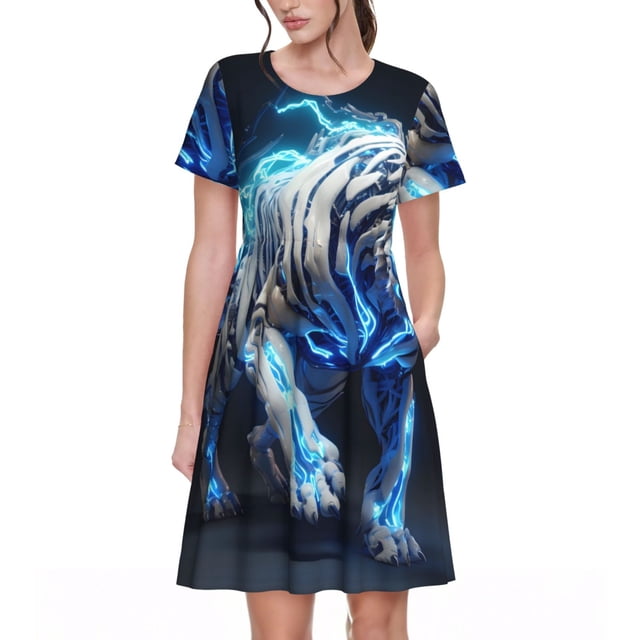 Balery Futuristic Blue Light White Tiger Vestidos sueltos de manga corta para mujer, vestidos de verano 2025, vestidos casuales de corte A con vuelo.
