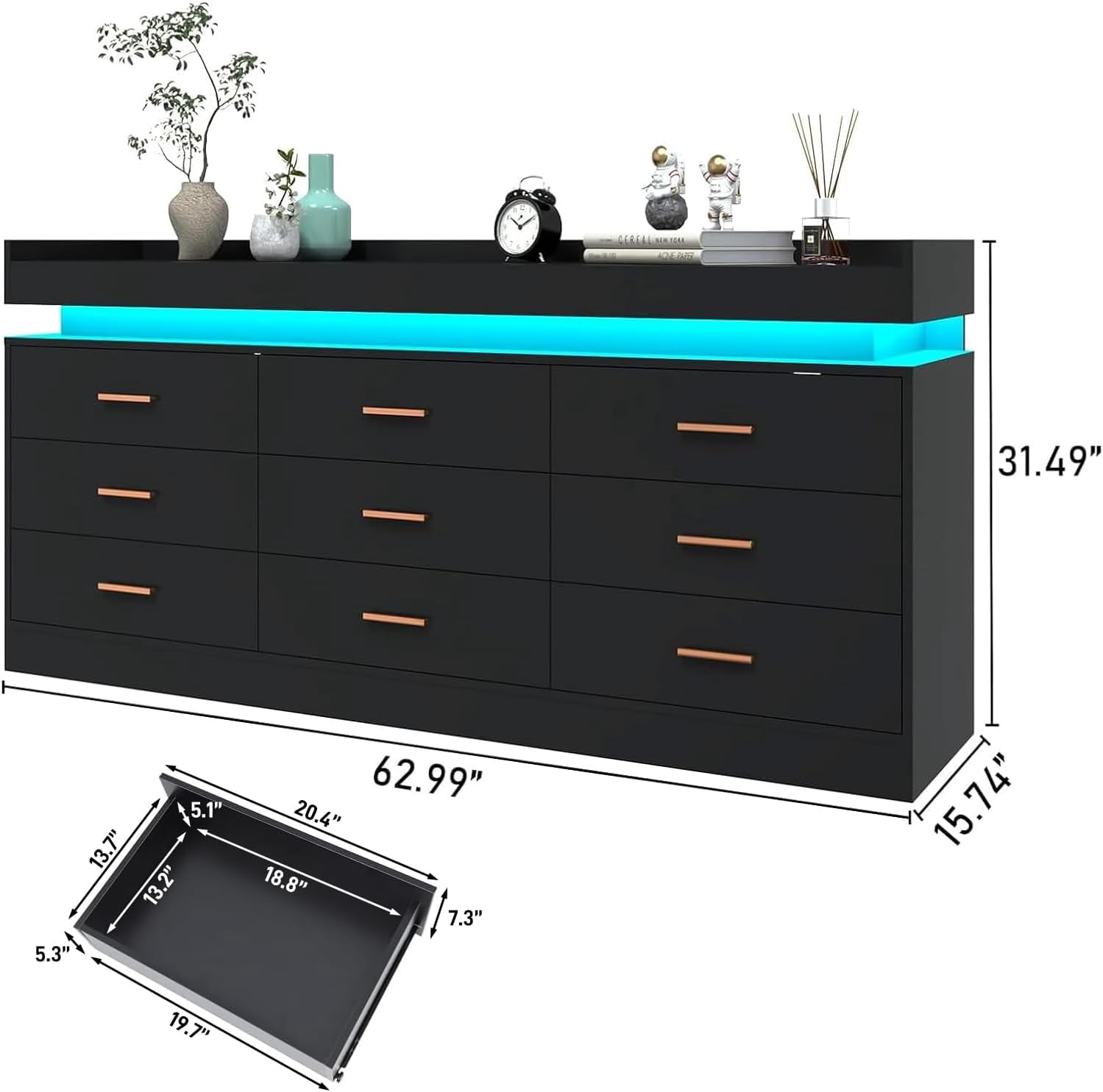 ChVans Black Dresser with LED Light and Charging Station, Modern Wood Dresser with Wide Drawers and Metal Handles, 9 drawer dresser for Bedroom, Living Room, Entryway, Hallway