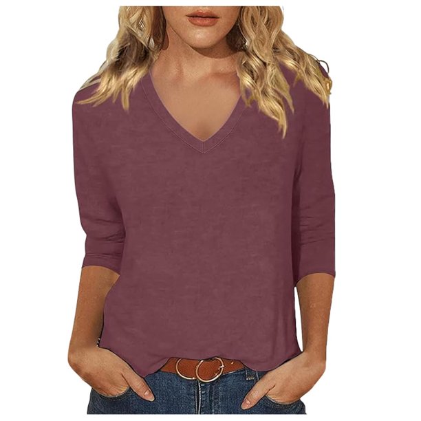Top de manga tres cuartos con cuello en V para mujer, estilo casual y moderno, para el verano - Material de poliéster, ligero y transpirable - Para el día a día, actividades al aire libre y fiestas
