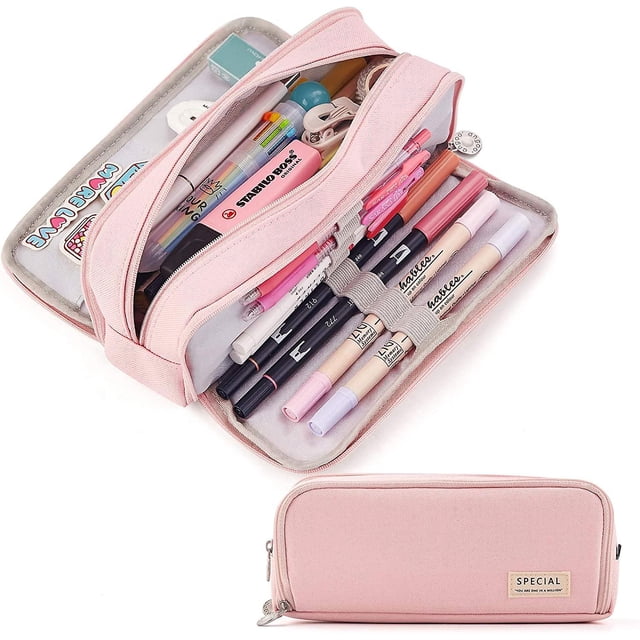 Estuche para lápices de gran capacidad con 3 compartimentos, estuche para bolígrafos para la escuela, adolescente, niño, hombre y mujer (rosa)