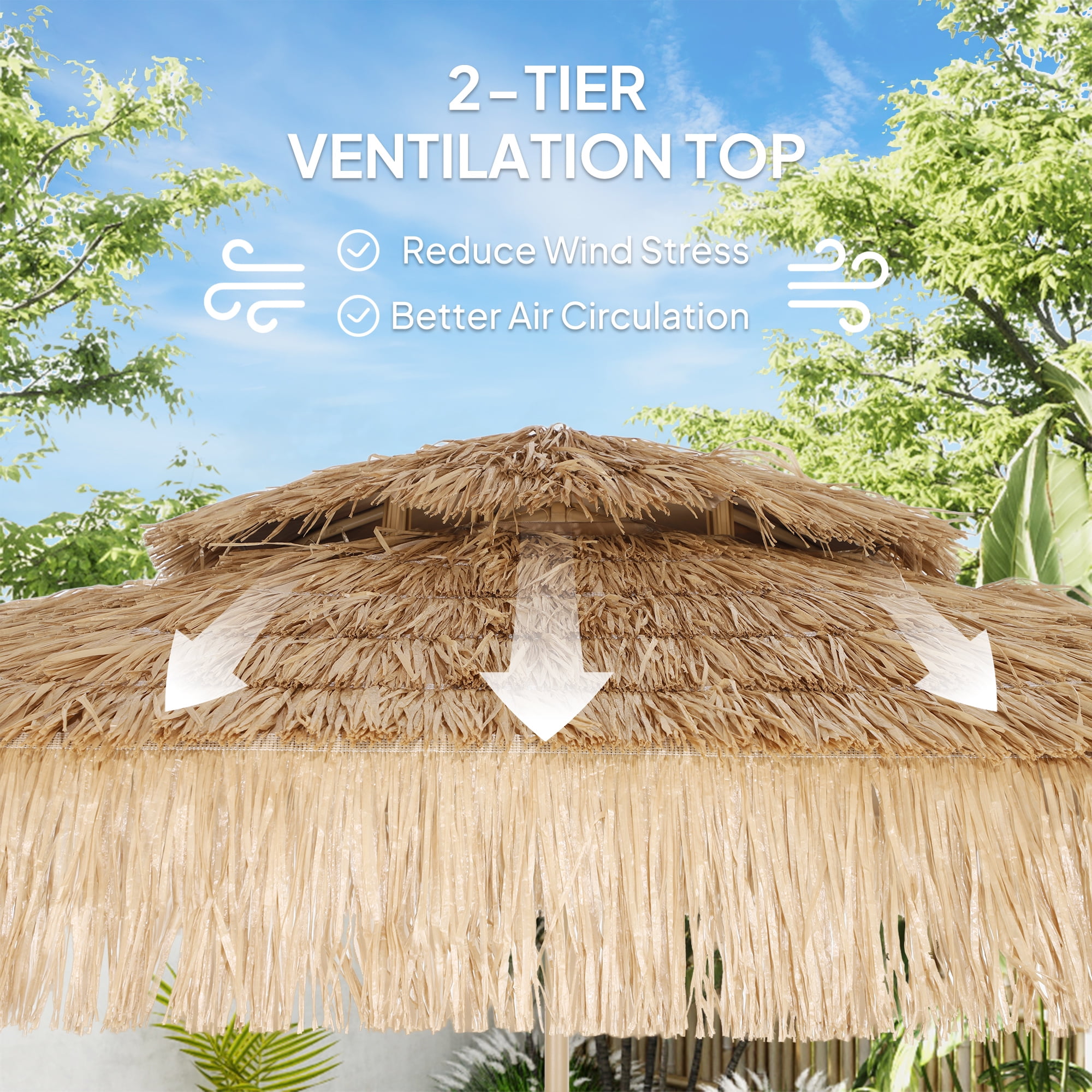 Outsunny 10 ft. Hula Thatched Tiki Patio Umbrella, Hawaiian Style Outdoor Umbrella with 8 Ribs, UPF30+, for Garden, Backyard, Deck, Pool, Natural