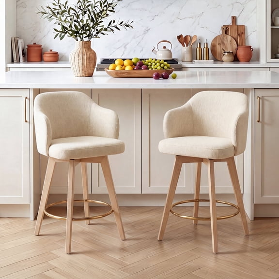 Zesthouse 27" Swivel Bar Stools Set of 2, Wooden Counter Height Barstools with Arms & Full Back, Upholstered Linen Counter Stools with Solid Wood Legs, High Chair for Kitchen Island, Beige