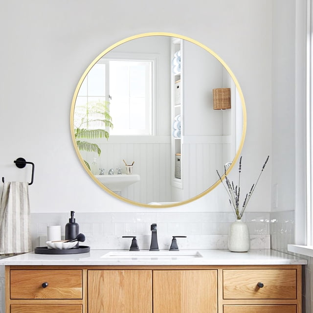 CazToi Espejo de Baño Redondo de 18 Pulgadas, Espejo Circular de Pared con Marco de Aleación de Aluminio, Espejo de Tocador Moderno