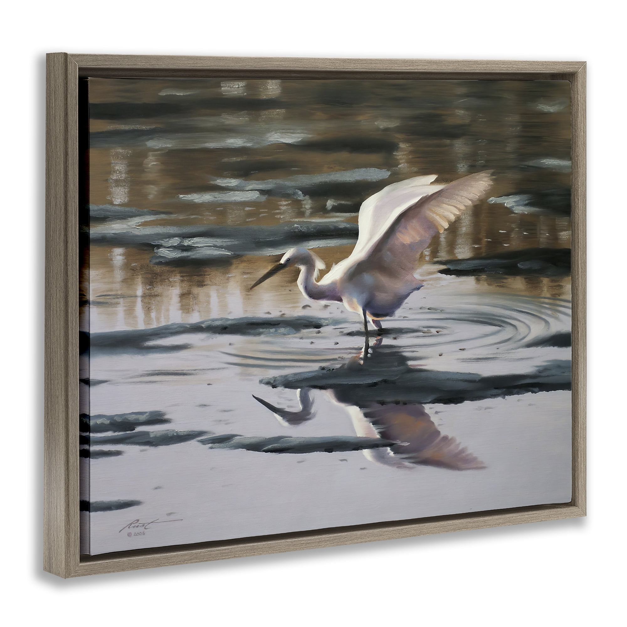 Stupell Industries Swan Landing in Water Animals & Insects Painting Brown Floater Framed Canvas Art Print Wall Art, 31 x 25