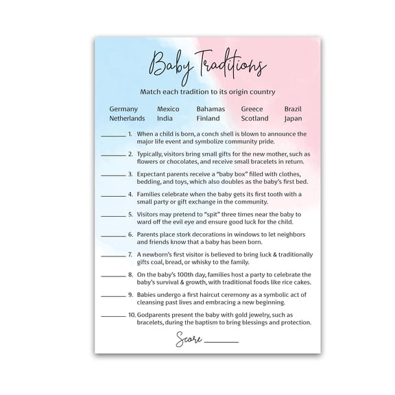 GENDER REVEAL Party Game — BABY TRADITIONS around the World Game — Pack of 25 — Minimalist Pink or Blue Fun Facts Games, Trivia Activity Gender Neutral Baby Shower Activities Couples Shower G752-BTW