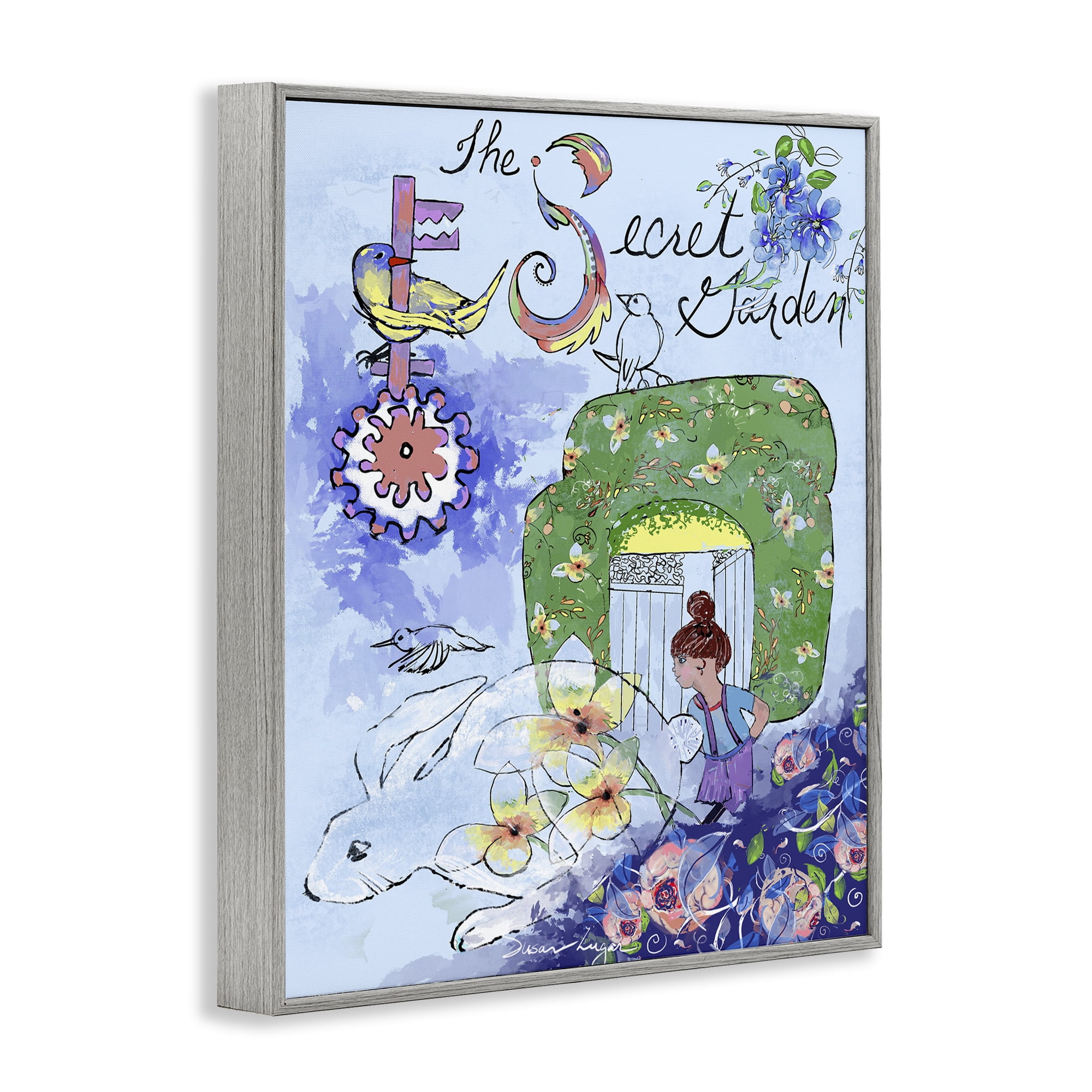 Stupell Industries Secret Garden Folk Illustration Gray Framed Giclee Art, design by Susan Lugar