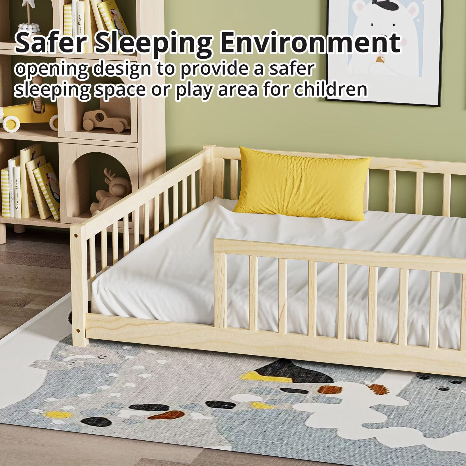 Full Floor Bed for Kids Toddlers, Multifunctional Montessori Bed Frame with Safety Guardrails and Wood Slats, Without Door, Easy Assemble, Natural