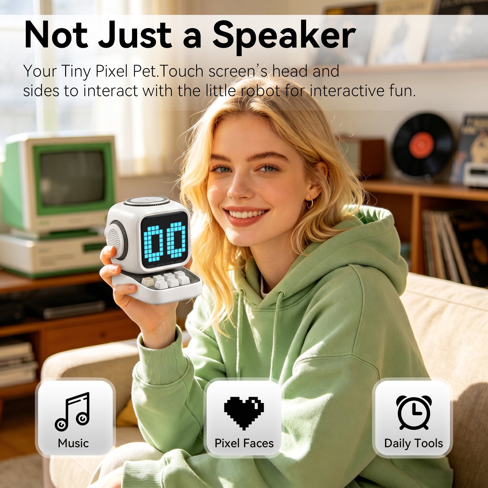 DAYBETTER Adorable Pixel Bluetooth Speaker, Portable Multi-Function Speaker with Alarm, Timer & White Noise, Ideal Gift for Boys, Girls, Kids (White)