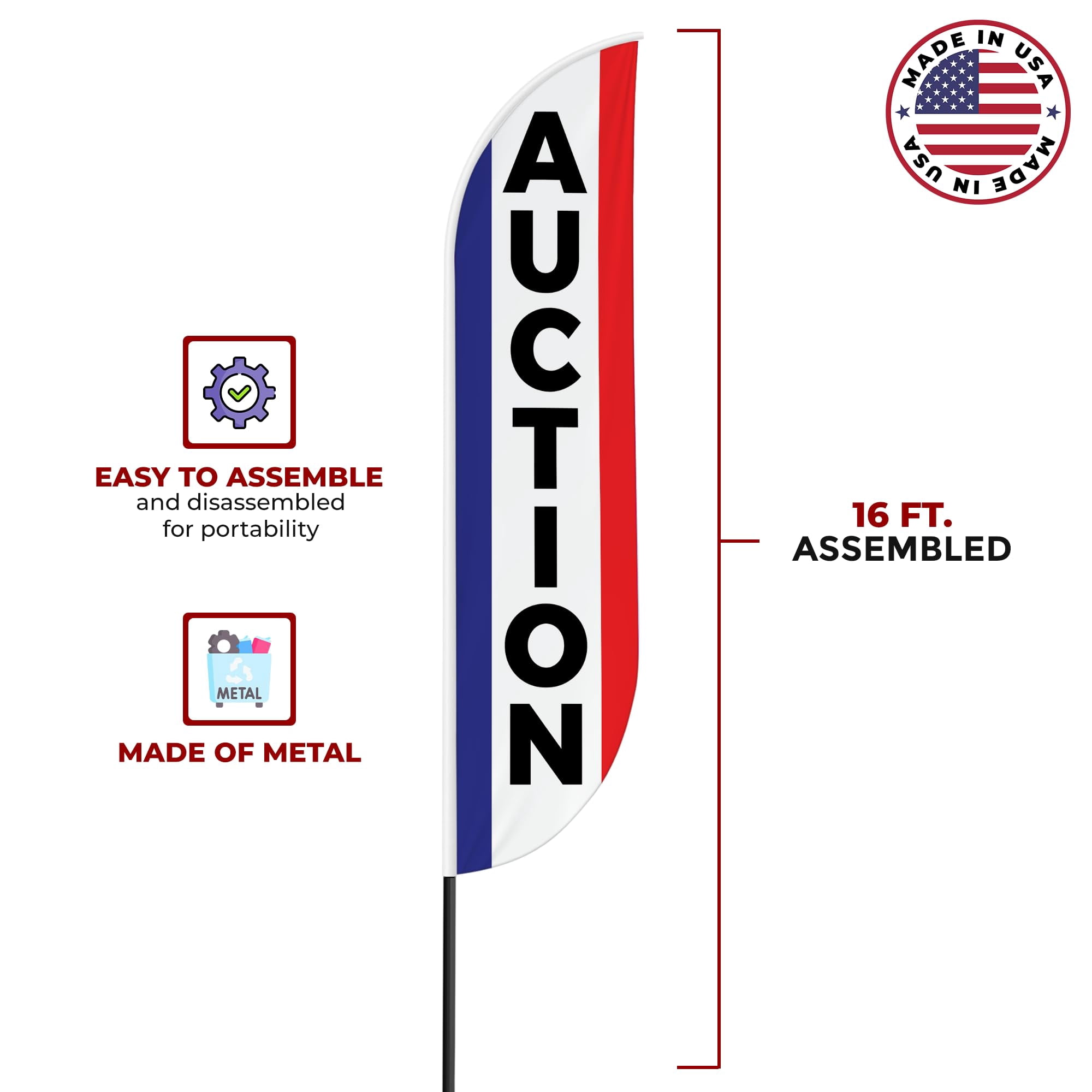 Auction Sign feather flag for Outdoor by Mavis Printing | 11.5 FEET Long Polyester Outdoor Banner Flag for Easy Hang | HD Print Swooper I Flag Only to Advertise Real Estate BusinessI Flag Only