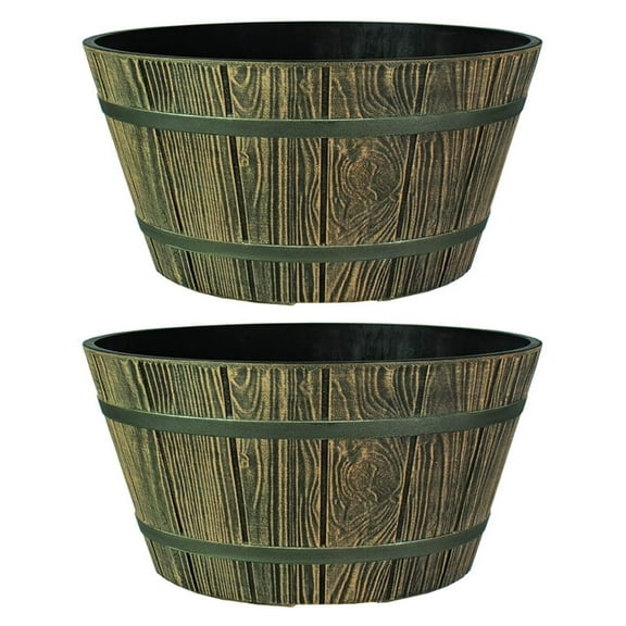 HC Companies 16 Inch Aged Wooden Oak Round Whiskey Barrel Planter (2 Pack)