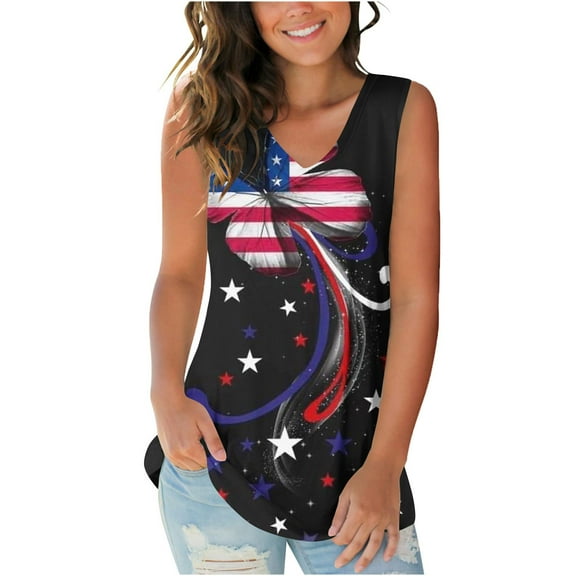Wycnly Womens Tank Tops 4th of July Classic Patriotic Tunic Tee Tops Summer Fashion Star US Flag Print V-Neck Sleeveless Shirts Blouse Black XL
