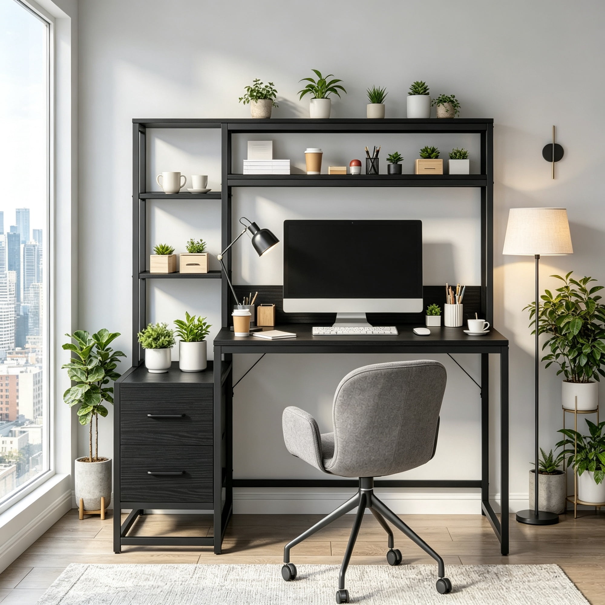 55 Inch Rustic Computer Desk with Drawers and Storage Shelves Home Office