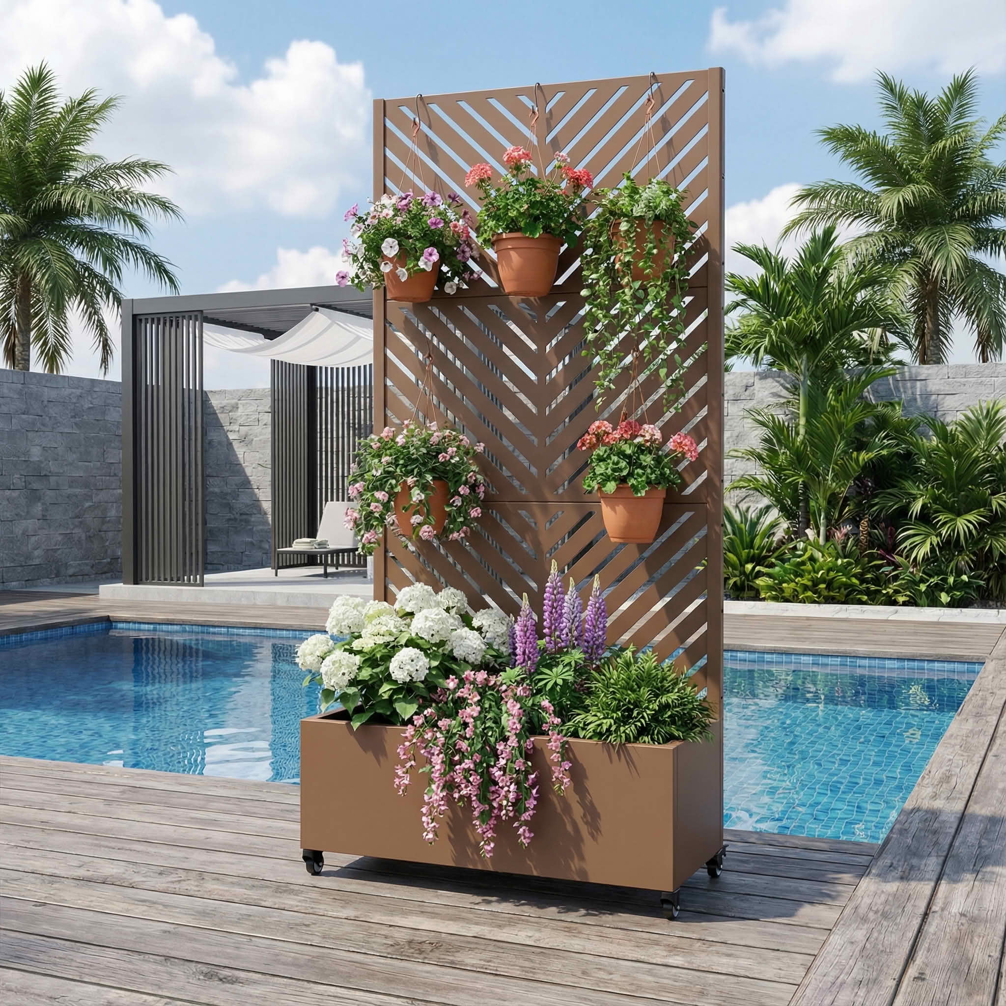 MAYEERTY 72X35" Metal Outdoor Brown Privacy Screen with Planter Box for Backyard & Garden, 3 Piece Set