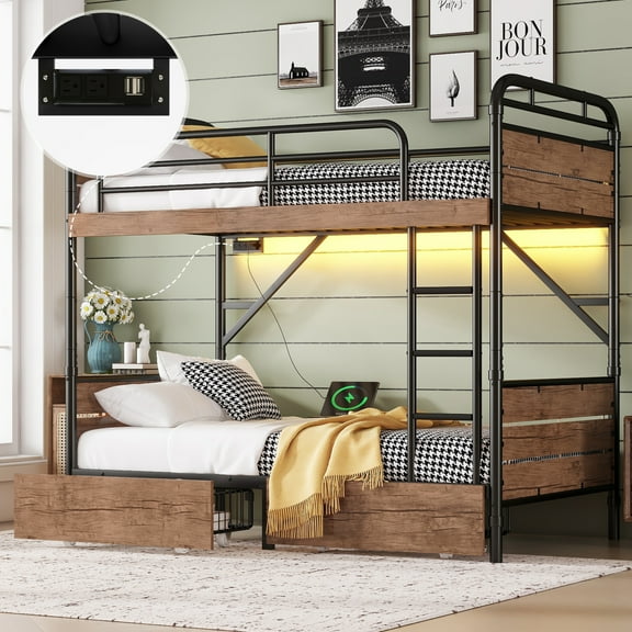Leumius Twin XL over Twin XL Bunk Bed, Detachable Metal Bunk Bed with LED Light & Charge Station & Two Storage Drawers, Black