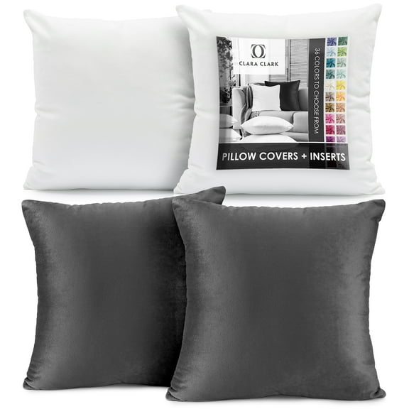 Clara Clark Plush Solid Decorative Microfiber Square Throw Pillow Cover with Throw Pillow Insert for Couch, Grey, 26"x26"", 4 Piece Decorative Soft Throw Pillow Set