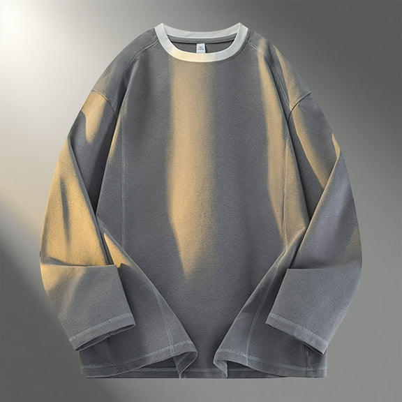 VgaVtl Long Sleeve T Shirts for Men Big and Tall Fall Winter Mens Shirts Gray Leisure Solid Color Fitness Breathable Shirts,4XL