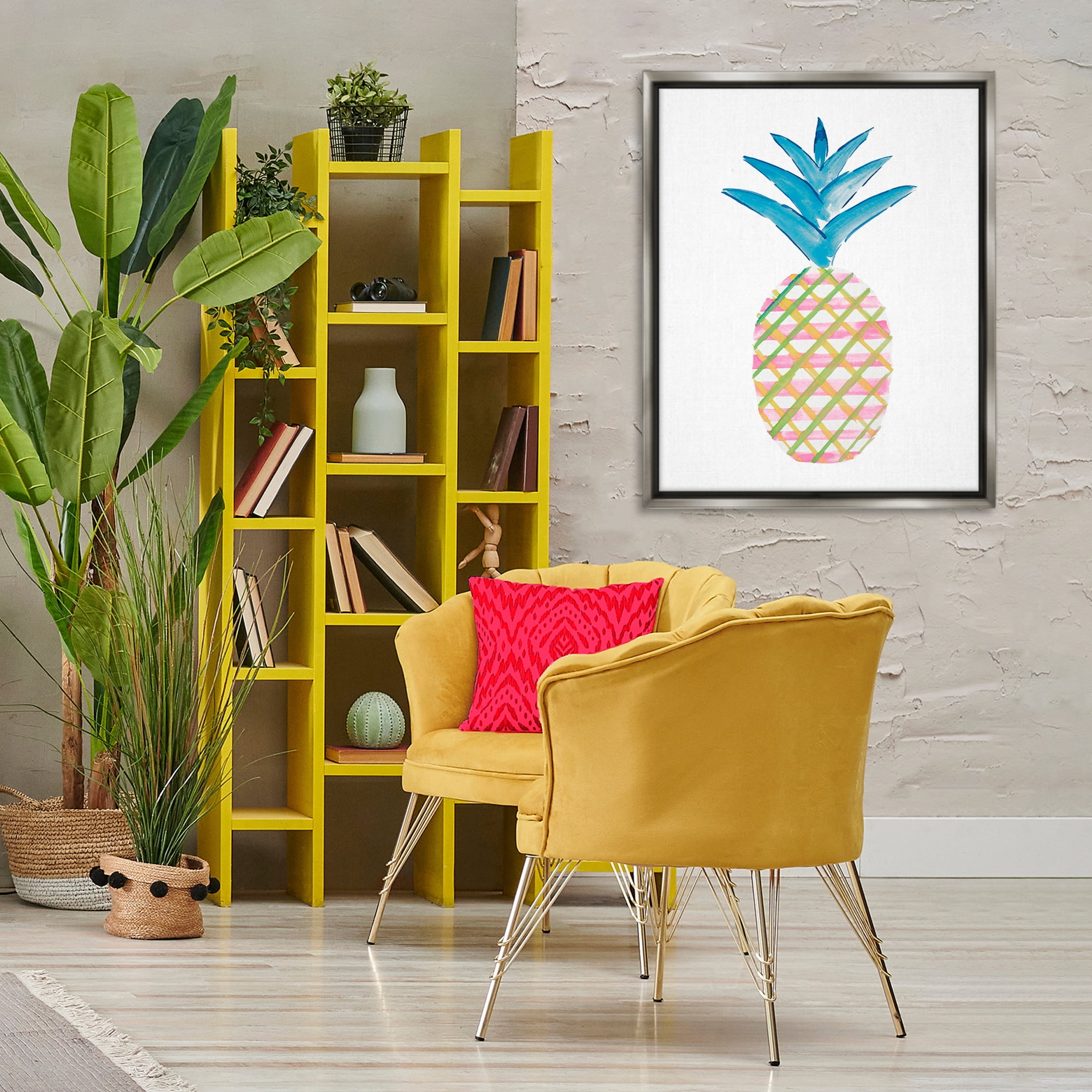 Stupell Industries Tropical Tartan Pineapple Food & Beverage Painting Gray Floater Framed Canvas Art Print Wall Art, 25 x 31