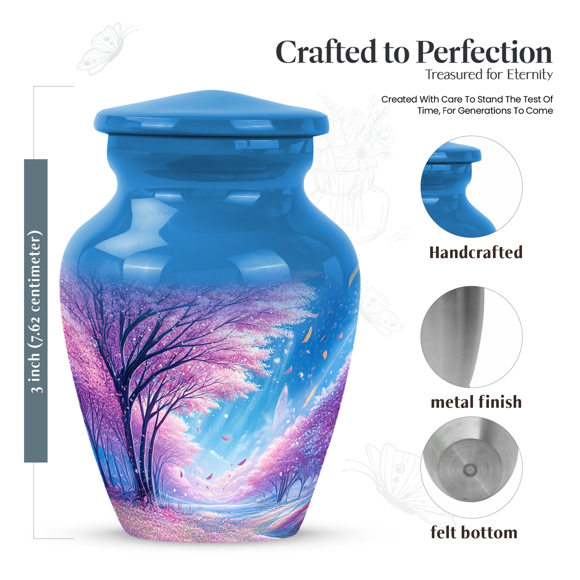 MUKTIVE Cherry Blossom Flowers Cremation Urns,Burial Urn for Human Ashes Adult Man, Decorative Urn for Women Funeral, Blue Cremation Urn for Ashes for Female Burial, 3 Inch