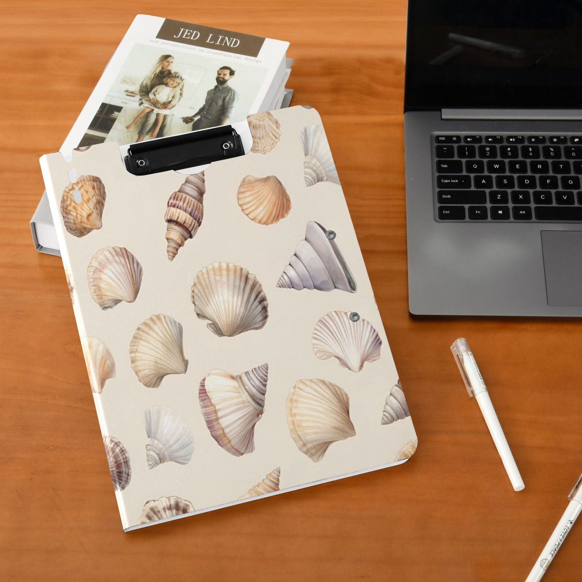 FORMRS A4 Clipboard Folder with Pen Holder Horizontal Foldable School Office Binder, Watercolor Seashells