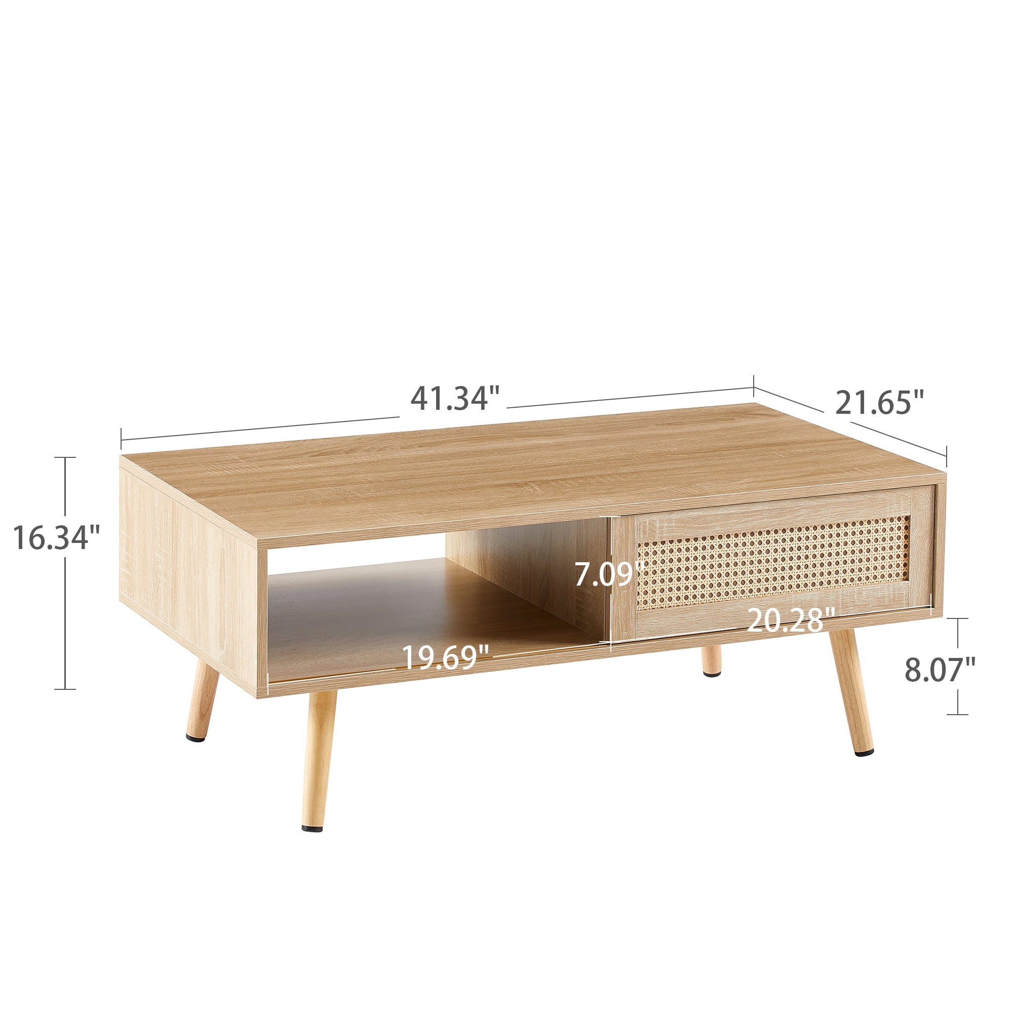 Coffee Table, Side Table, Console Table With Rattan Sliding Door Storage Solid Wood Legs Modern Design For Living Room Office, Natural MDF Table