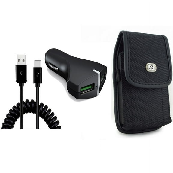 Car Charger & Case Belt Clip for iPhone 15 Pro Max - 36W Fast 2-Port USB Coiled Cable Type-C and Rugged Holster Canvas Cover X1O for iPhone 15 Pro Max (6.7")