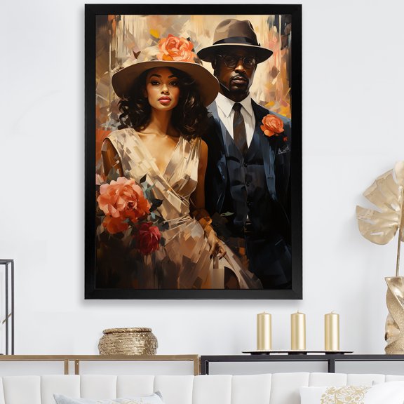 Designart "Dynamic Jazz African American Couple in Gold II" People Framed Wall Art - Global Black Harlem Renaissance Living Room Framed Canvas Art