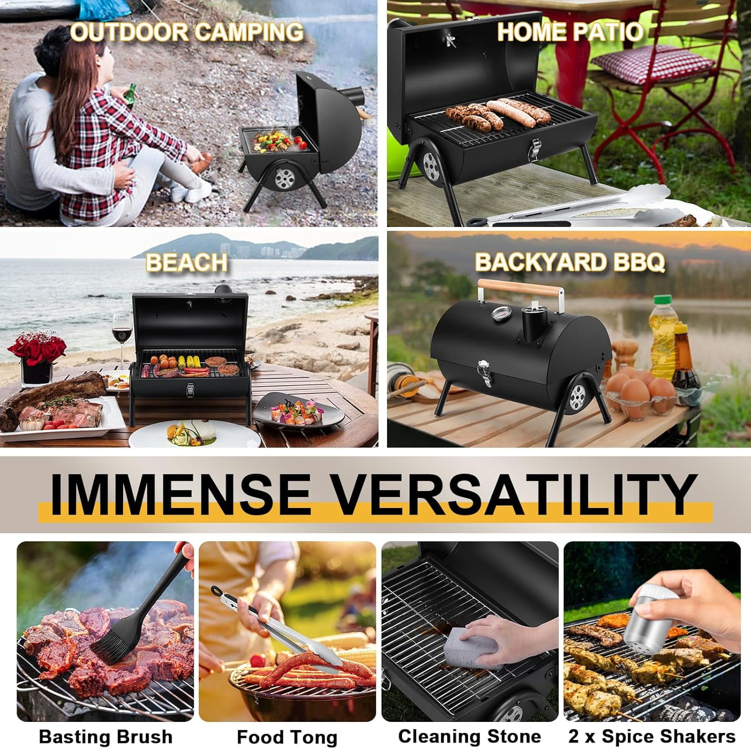 Portable Charcoal Grill Set, Small Tabletop Barbecue Grill with Accessories Tools for Outdoor Camping BBQ Grilling Backyard Party Cooking, Heavy Duty & Innovative Design, Thermometer &Chimney