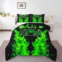 Manfei Boys Chic Gamepad Bedding Comforter Set, Green Flame Print Twin Comforter Sets, Dreamy Stars Snowflake Reversible Bedding Set, Lightweight Room Decor, 2-Piece