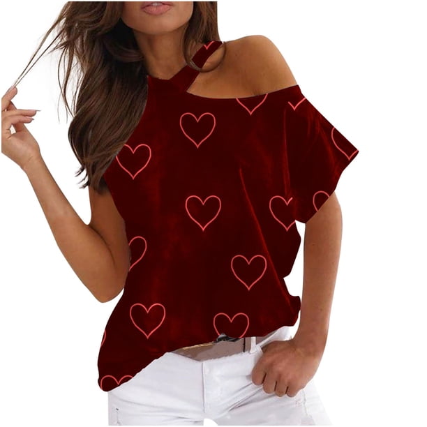 Mujeres Verano Cuello Redondo Manga Corta Estampado Sin Tirantes Camiseta Tops Blusas Pompotops hfajkhk129229