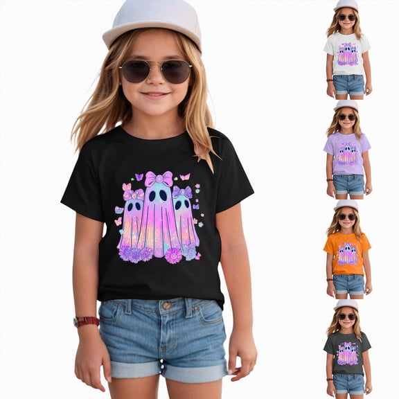 newwalpole Big Girls Halloween T-Shirt Cute Pumpkin Short Sleeve Graphic Tee, Sizes 10-11 (Grey, 2-3 Years)