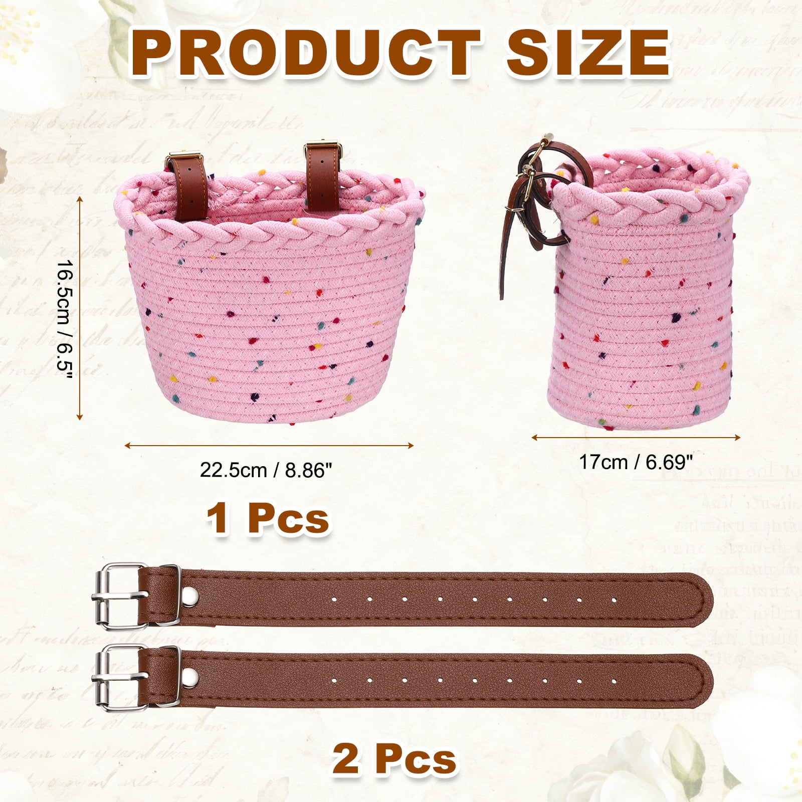 Uxcell Bike Basket, Cotton Rope Bicycle Basket Adjustable Front Baskets with 2 Leather Belt Buckles Unisex Strong Load 8.8 x 6.7 x 6.5" & Pink-Fitting For(Bikes/Tricycle/Scooters)