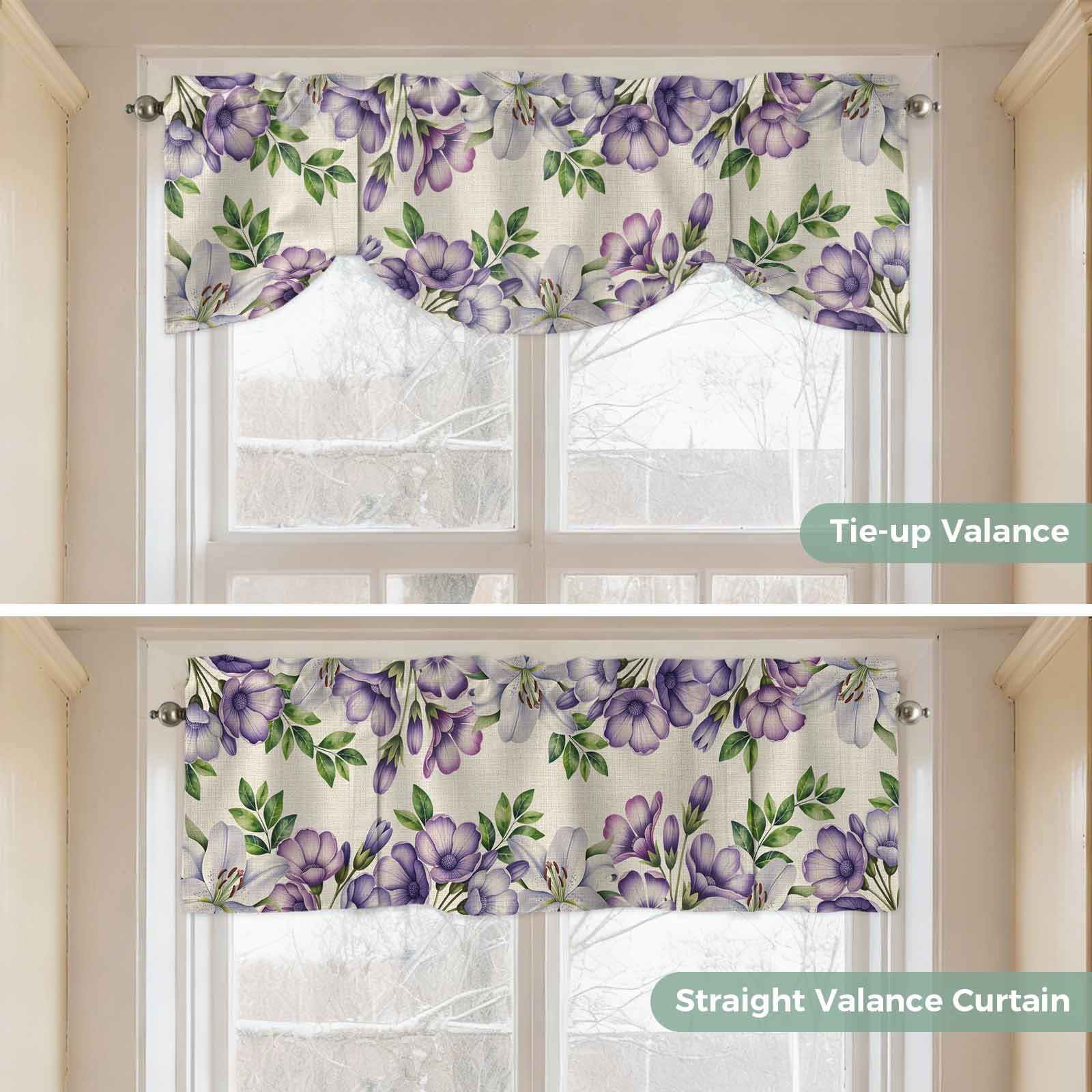 Purple White Flowers Tie Up Valance for Windows, Spring Plants Green Leaf Watercolor Linen Texture Adjustable Rod Pocket Tie Up Valance Curtains for Kitchen Bathroom Bedroom 60 X 18 Inch