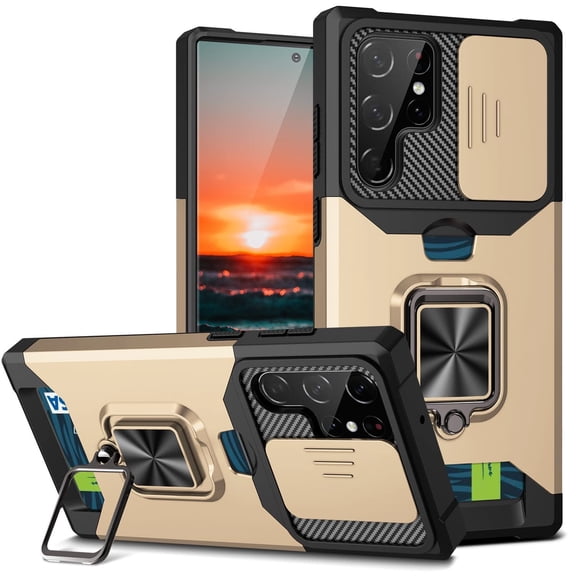 Case For Samsung Galaxy S25 Ultra/S25 Plus/S25, Sliding Lens Protective Phone Cover Card Slot Resisting Scratches Shell Magnetic Stand Anti-Fall Cover