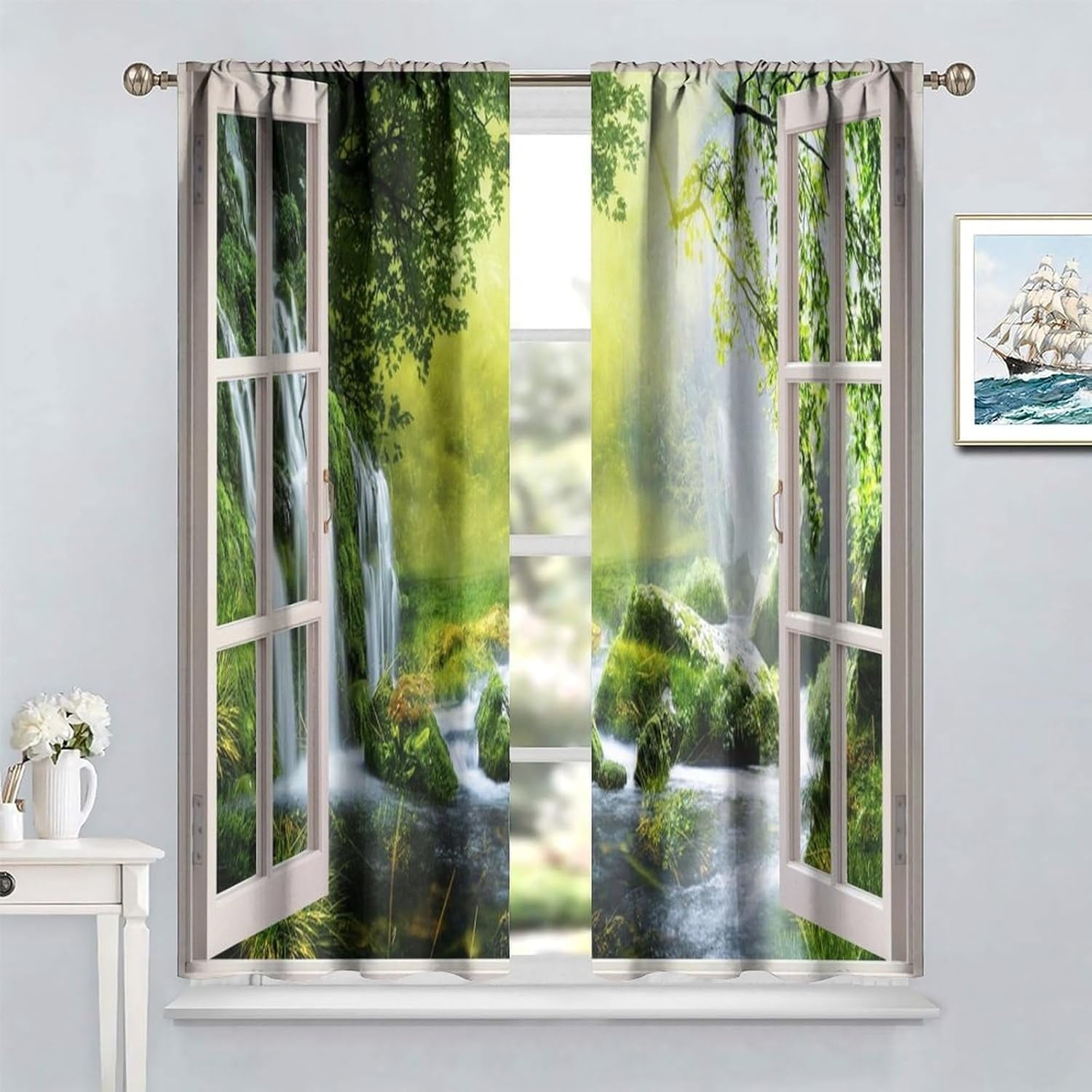 Forest Tree Blackout Curtains,Nature Waterfall Tree Landscape Scenery Theme Print Window Drapes Decor for Bedroom Living Room 84x84in