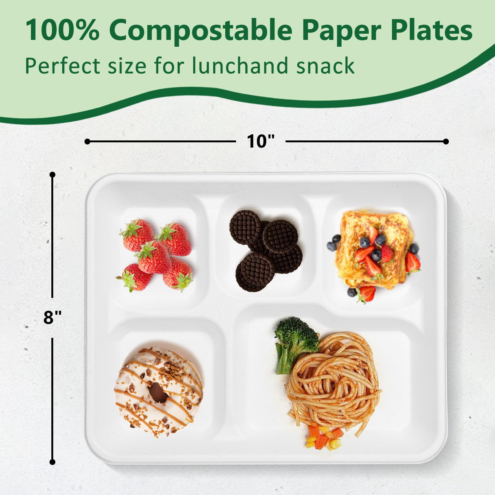 Pony Packaging 100% Compostable 5 Compartment AFN1Plates, 125 Pack White Disposable Paper Plates, 10 * 8 inch Heavy-Duty Divided Disposable Plate for Party Dinner Lunch Buffet