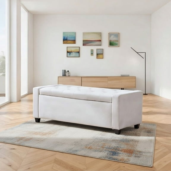 48" Upholstered Storage Ottoman Bench with Arms, Faux Linen Bench for End of Bed, Living Room Storage Seat with Safety Hinge, White