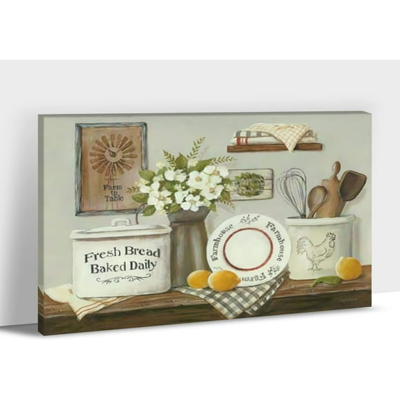 Farmhouse Kitchen Wall Art, Vintage Country Kitchen Pictures Wall Decor, Rustic Flower Lemon Fruits Canvas Paintings Kitchen Signs Modern Artwork Home Kitchen Decorations Framed 12x18 Inches