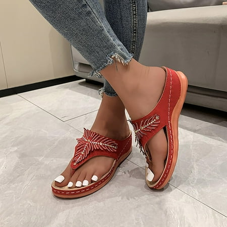 XIMIN Sandals Women Dressy Summer Comfortable Breathable Mesh Flip Flops with Arch Support Flower Hollow Thong Clip Toe Wedge Sandals Lightweight Beach Shoes Slipper (7.5  Red)